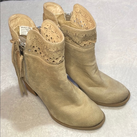 Not Rated Tan Ankle Booties with Laser-Cut Detail and Fringe - Picture 1 of 9